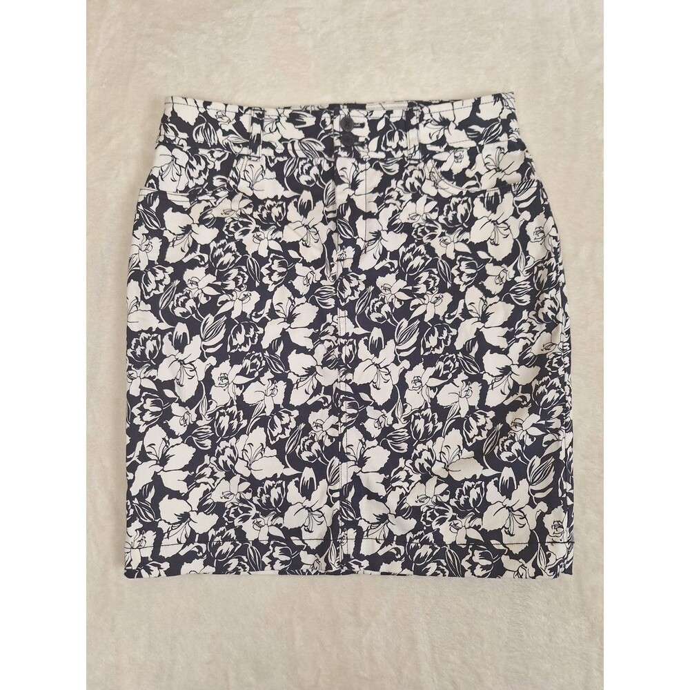 CHAPS Womens 4 Skirt Navy Blue White Floral Mini Pencil Stretch Summer Vacation